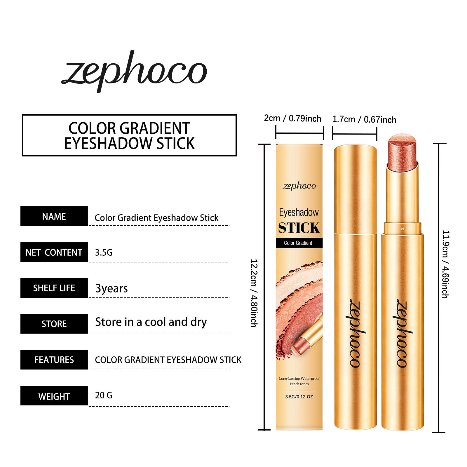 Zephoco Multi-Color Long-Wearing Eyeshadow Stick (Fine Glittery Orange-Brown)