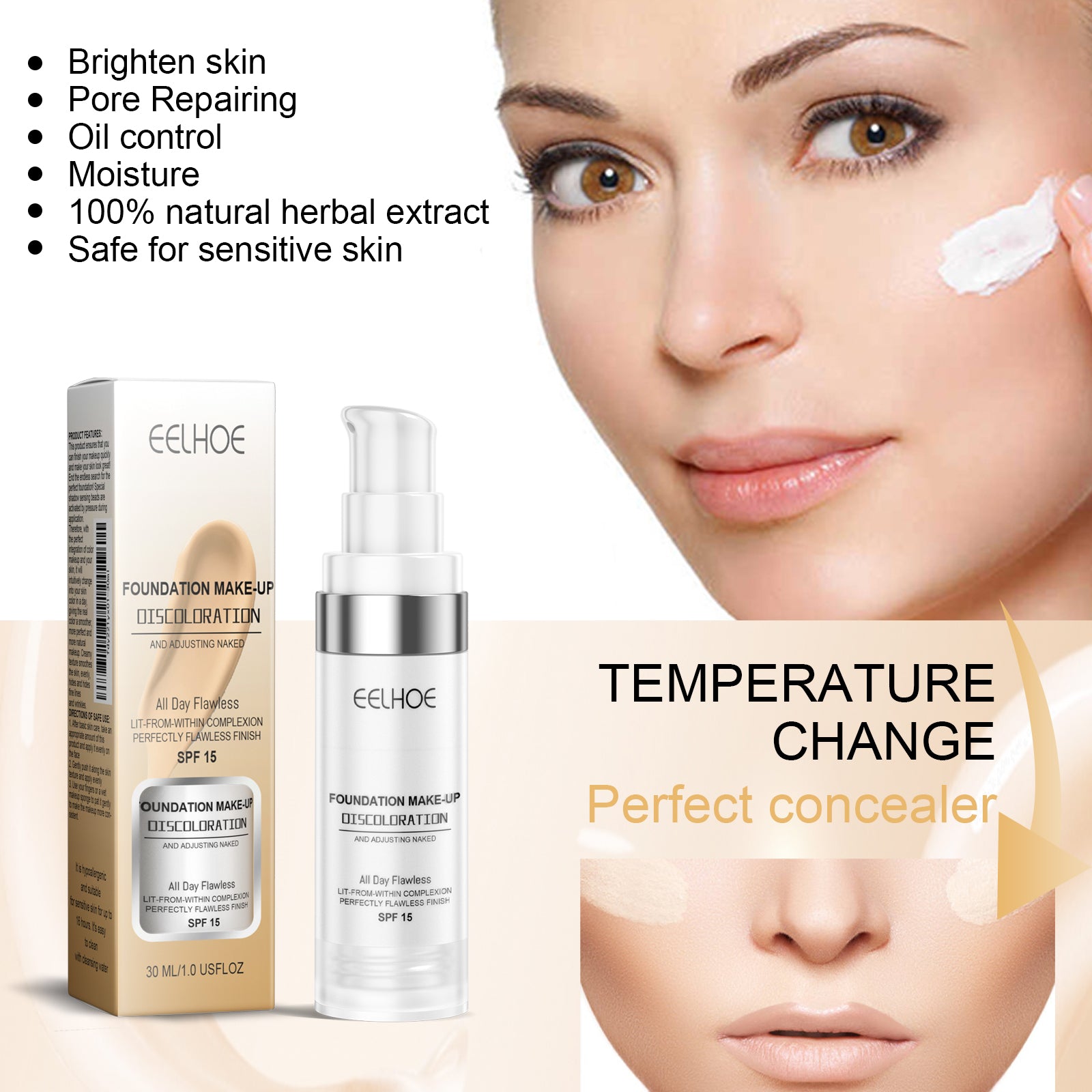 EELHOE Concealer Color Change Liquid Foundation Concealer Long-Lasting